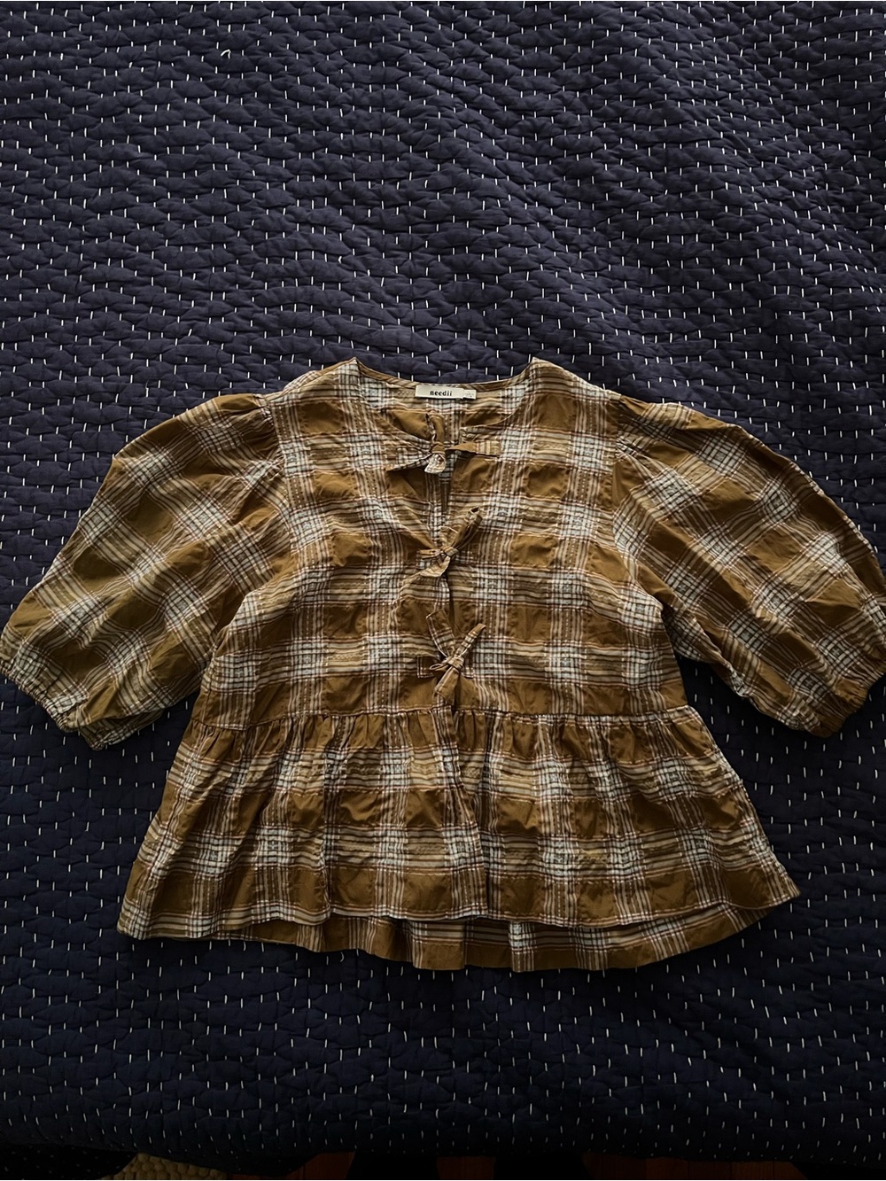Plaid Peplum Blouse with Tie Front in Olive Brown
